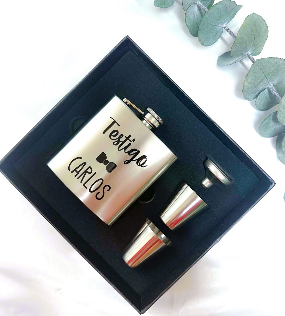 Petaca de acero inoxidable personalizada para testigo